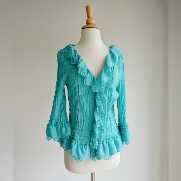 VINTAGE Sunny Leigh Aqua Ruffle Cardigan Blouse Romantic Boho Top Large - Picture 1 of 6